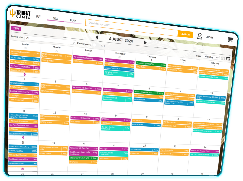 A webpage showing an event calendar with different colors for different product lines