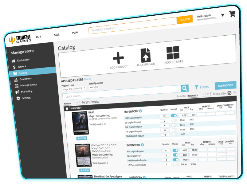 Product management overview, showing multiple products in a list with fields to edit price, quantity, and other attributes