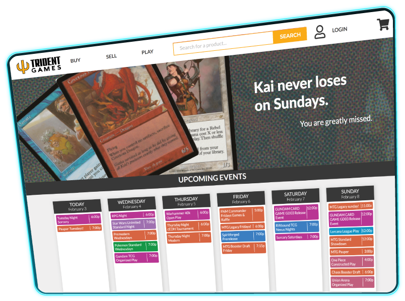 Homepage image showing engaging banner as well as dynamic inventory, buylist and event sections